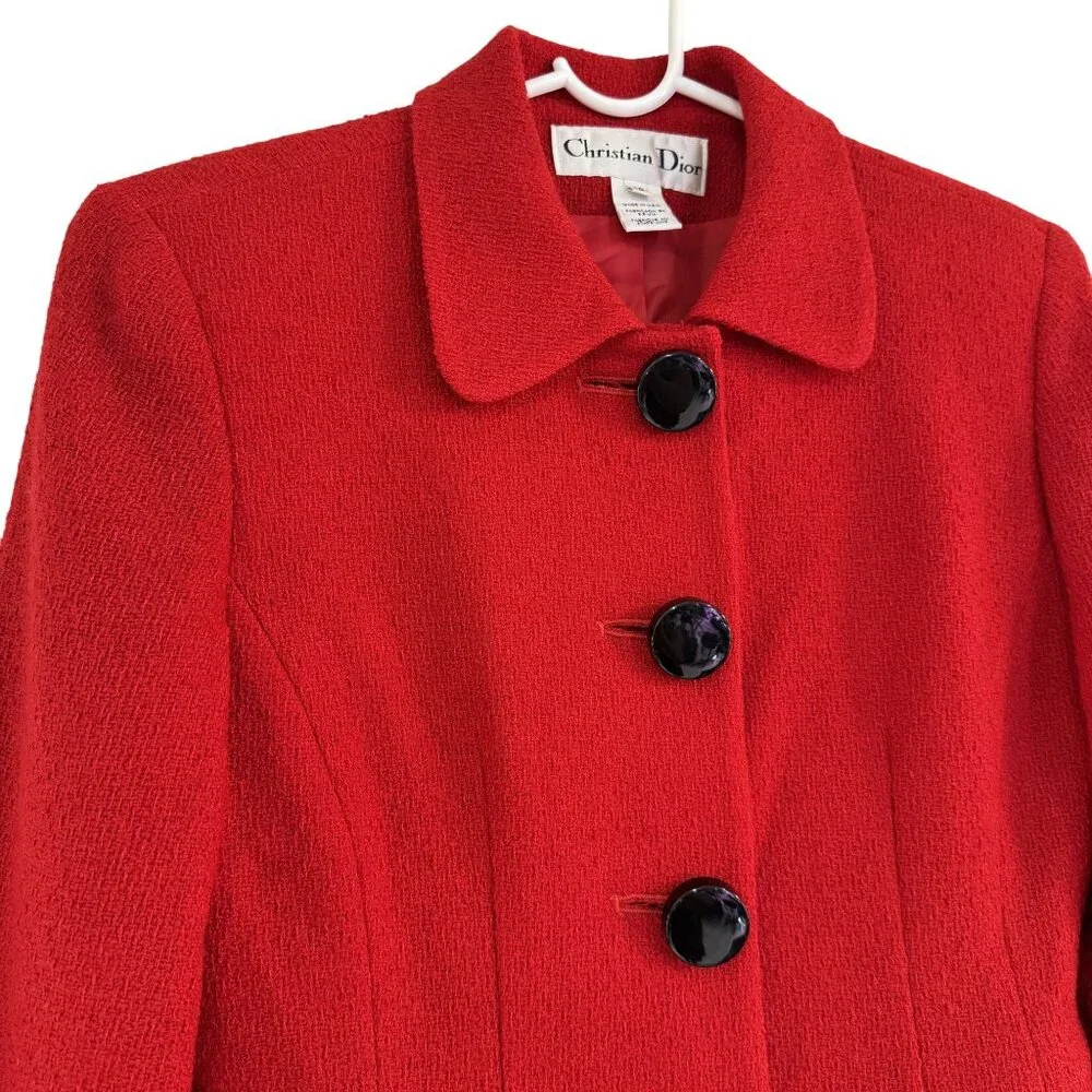 Vintage Christian Dior Womens Red Wool Skirt Suit Set 2P Jacket & Skirt USA
